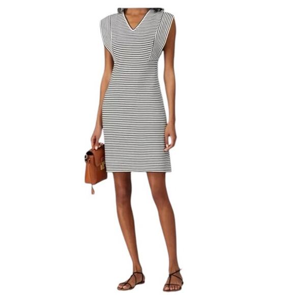 Derek Lam Size 40 US 4 V Neck Sheath Dress Black White Striped Stretch Chic Work - Picture 1 of 12